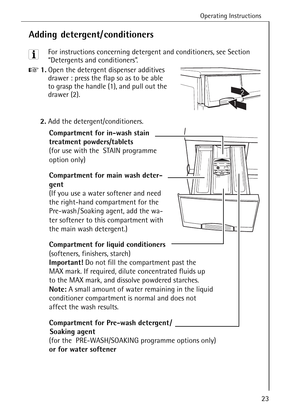 Adding detergent/conditioners | AEG LAVAMAT 84749 User Manual | Page 23 / 60