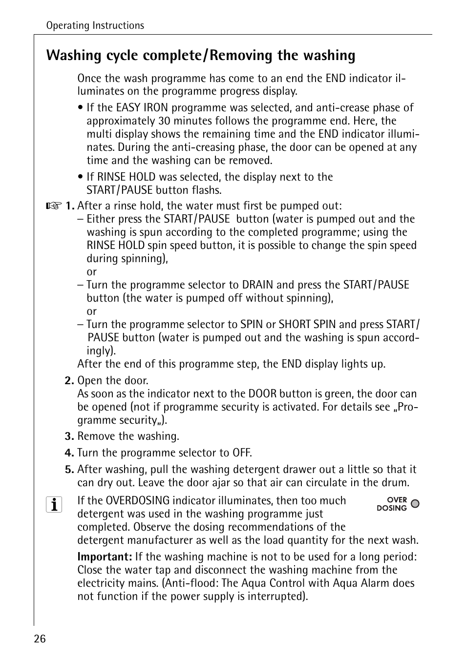 Washing cycle complete/removing the washing | AEG LAVAMAT 84749 User Manual | Page 26 / 60