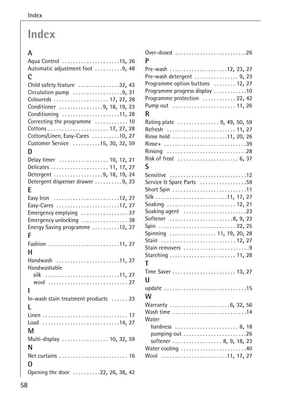 Index | AEG LAVAMAT 84749 User Manual | Page 58 / 60