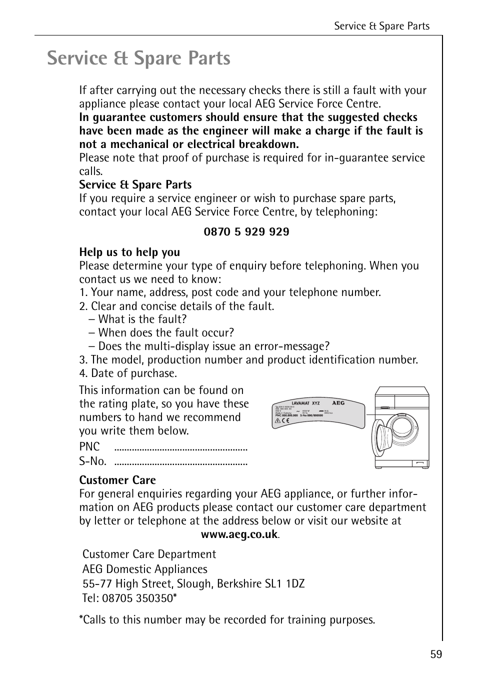 Service & spare parts | AEG LAVAMAT 84749 User Manual | Page 59 / 60