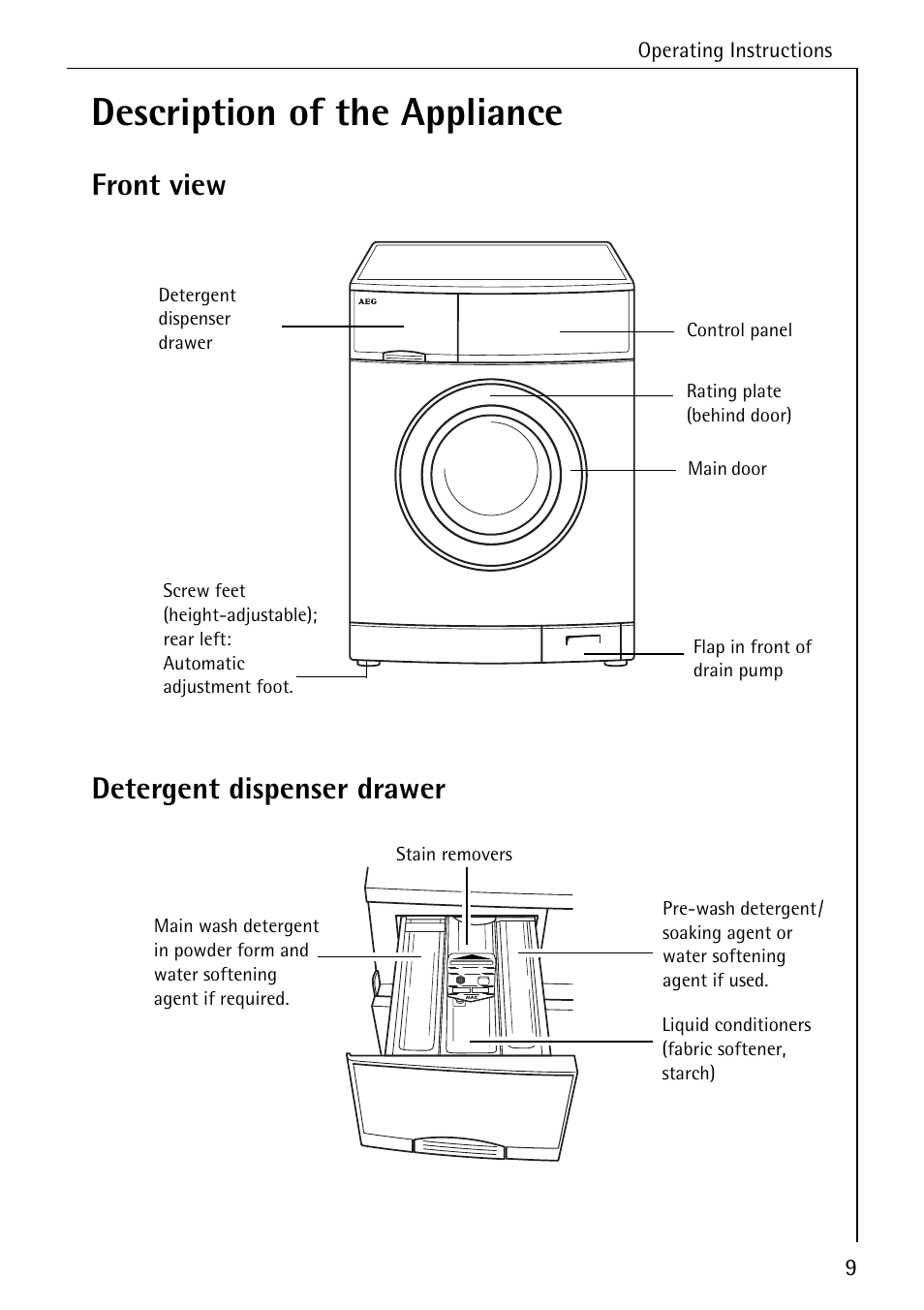Description of the appliance, Front view detergent dispenser drawer | AEG LAVAMAT 84749 User Manual | Page 9 / 60