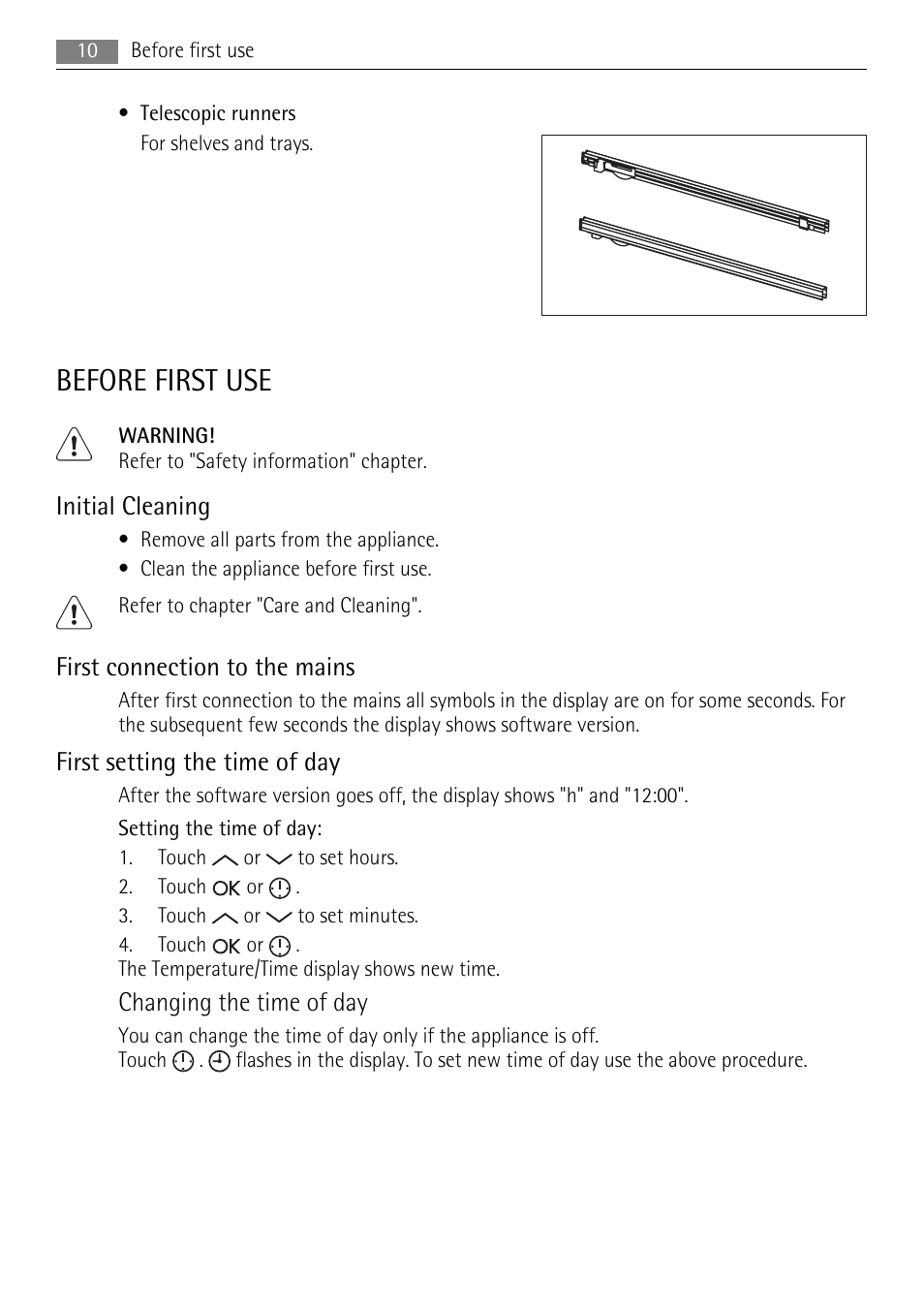 Before first use, Initial cleaning, First connection to the mains | First setting the time of day, Changing the time of day | AEG BE7314401 User Manual | Page 10 / 32