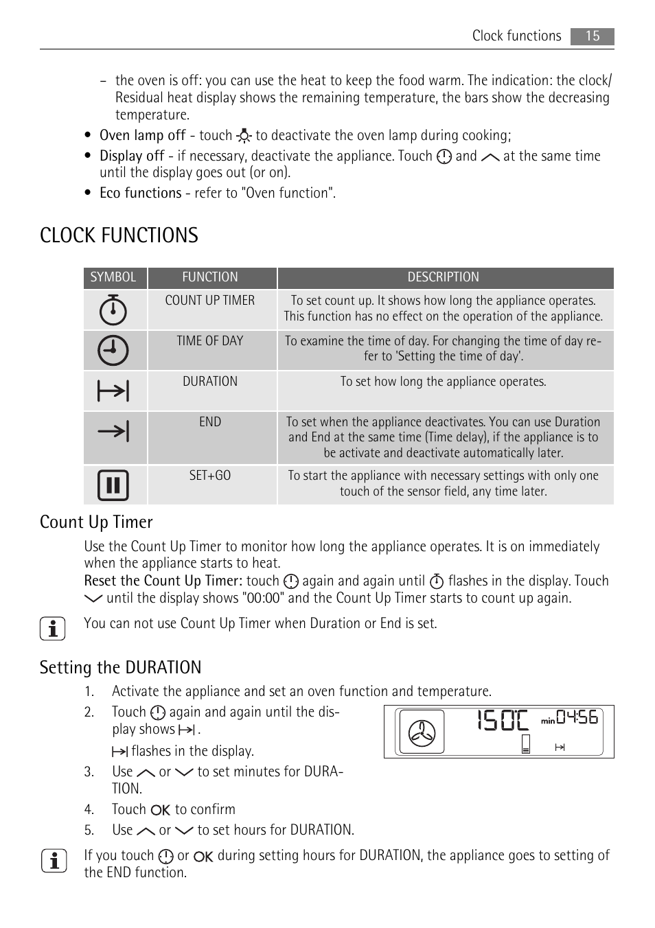 Clock functions, Count up timer, Setting the duration | AEG BE7314401 User Manual | Page 15 / 32