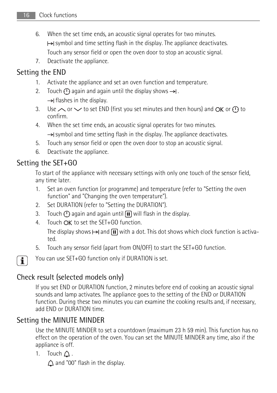 Setting the end, Setting the set+go, Check result (selected models only) | Setting the minute minder | AEG BE7314401 User Manual | Page 16 / 32