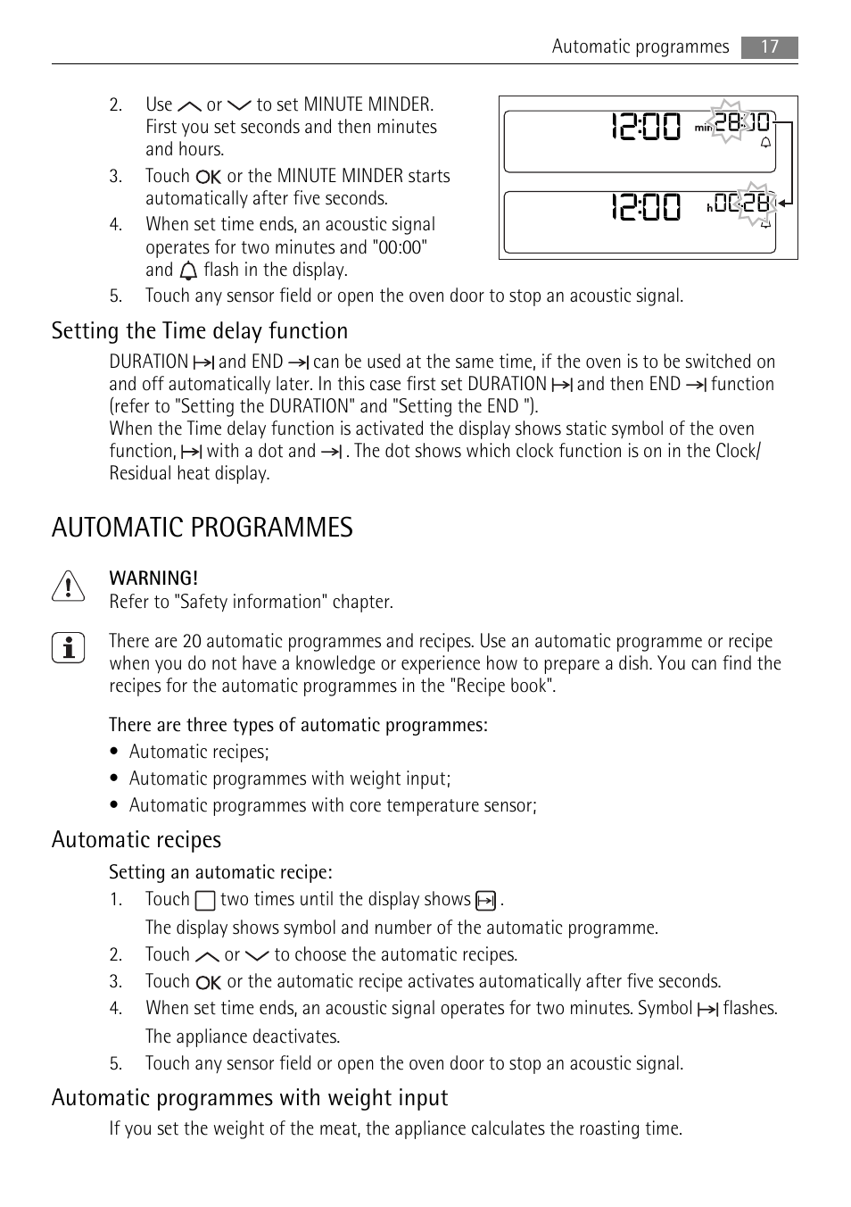 Automatic programmes, Setting the time delay function, Automatic recipes | Automatic programmes with weight input | AEG BE7314401 User Manual | Page 17 / 32