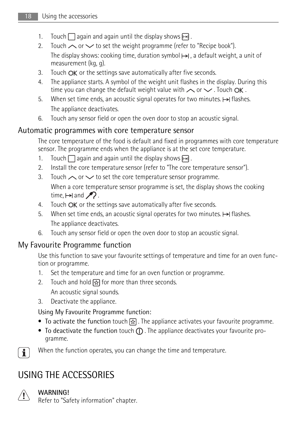 Using the accessories, Automatic programmes with core temperature sensor, My favourite programme function | AEG BE7314401 User Manual | Page 18 / 32