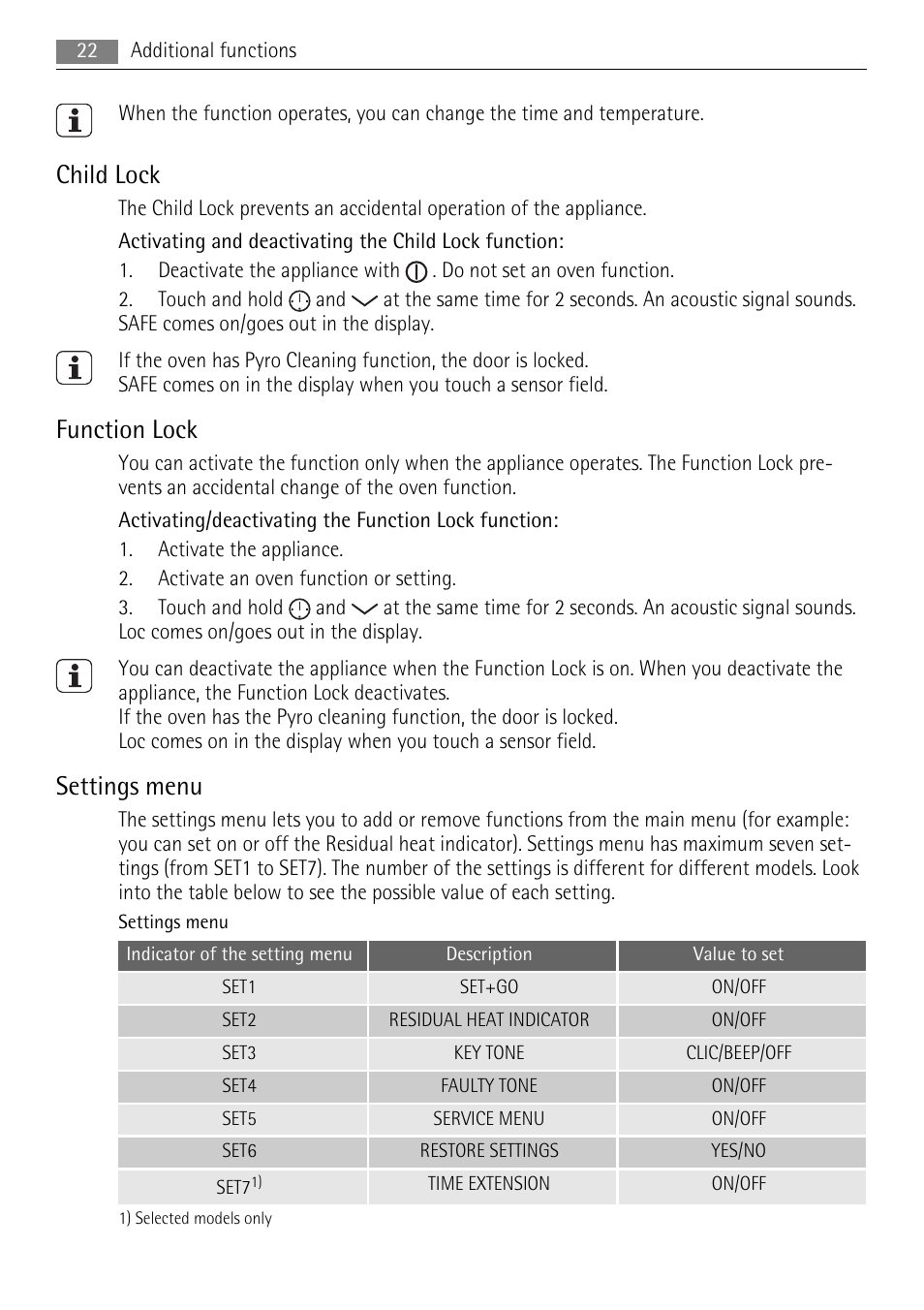 Child lock, Function lock, Settings menu | AEG BE7314401 User Manual | Page 22 / 32