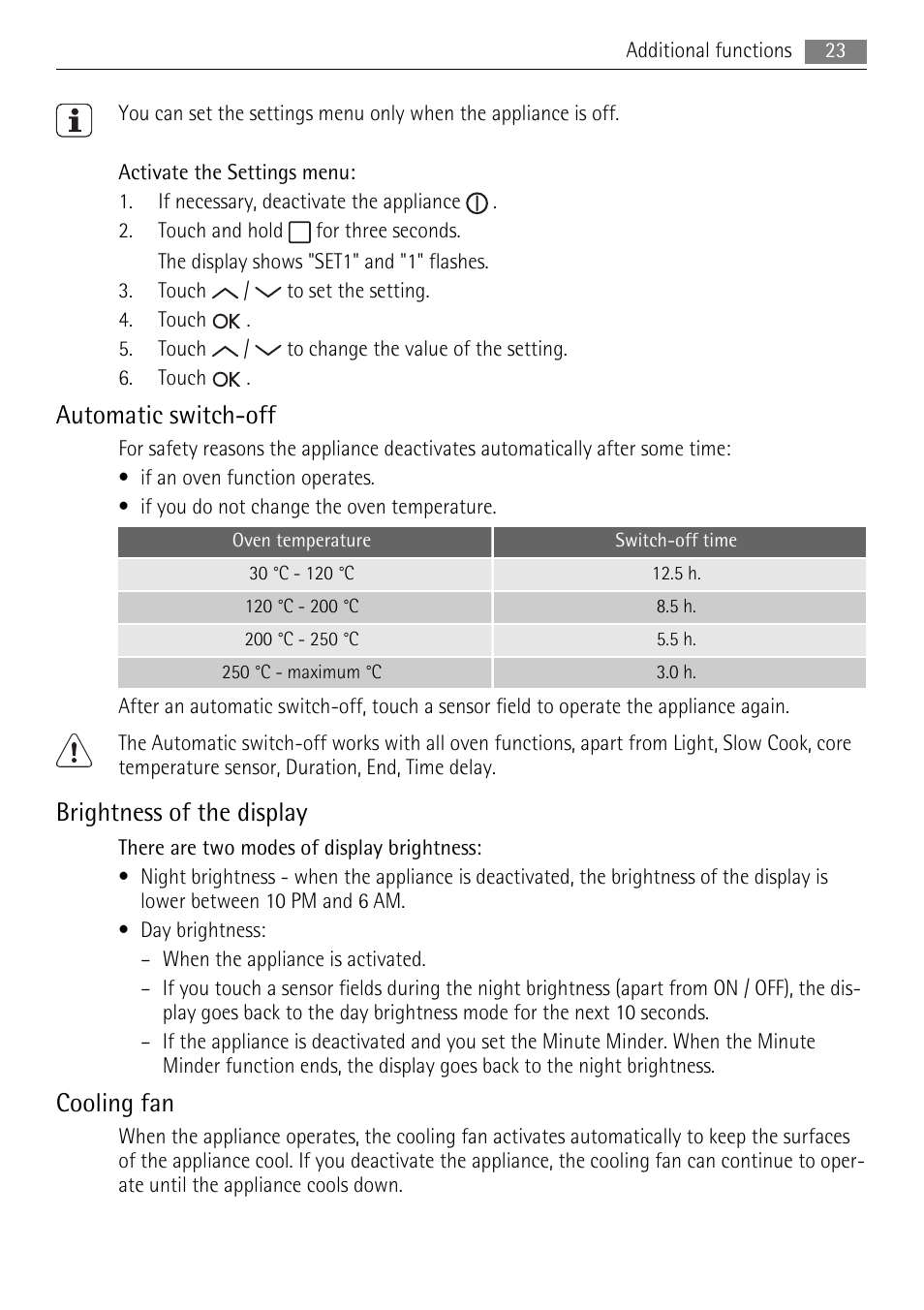 Automatic switch-off, Brightness of the display, Cooling fan | AEG BE7314401 User Manual | Page 23 / 32