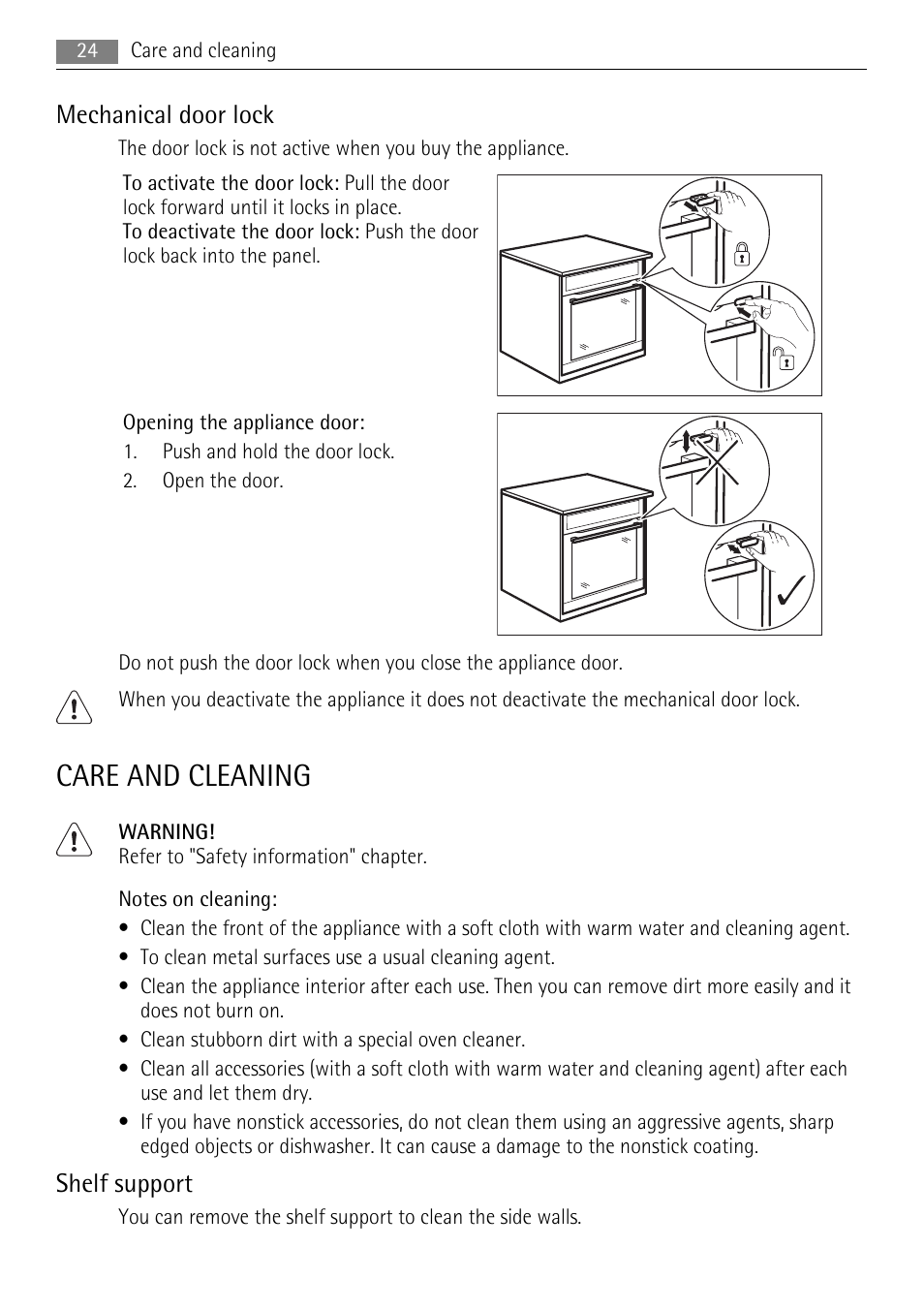 Care and cleaning, Mechanical door lock, Shelf support | AEG BE7314401 User Manual | Page 24 / 32
