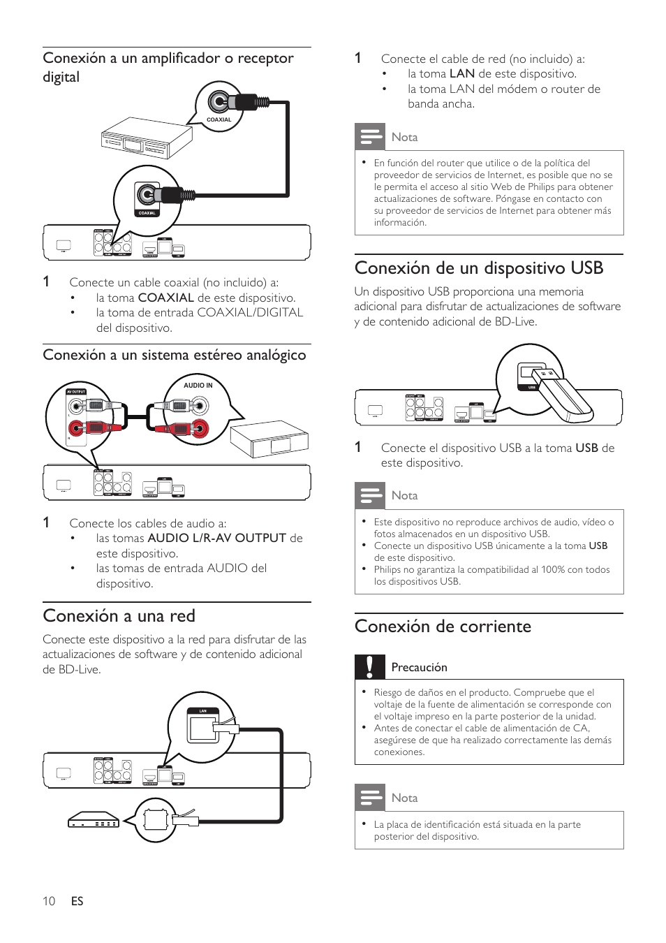 Conexión a una red, Conexión de un dispositivo usb, Conexión de corriente | Philips Reproductor de Blu-ray Disc User Manual | Page 10 / 34