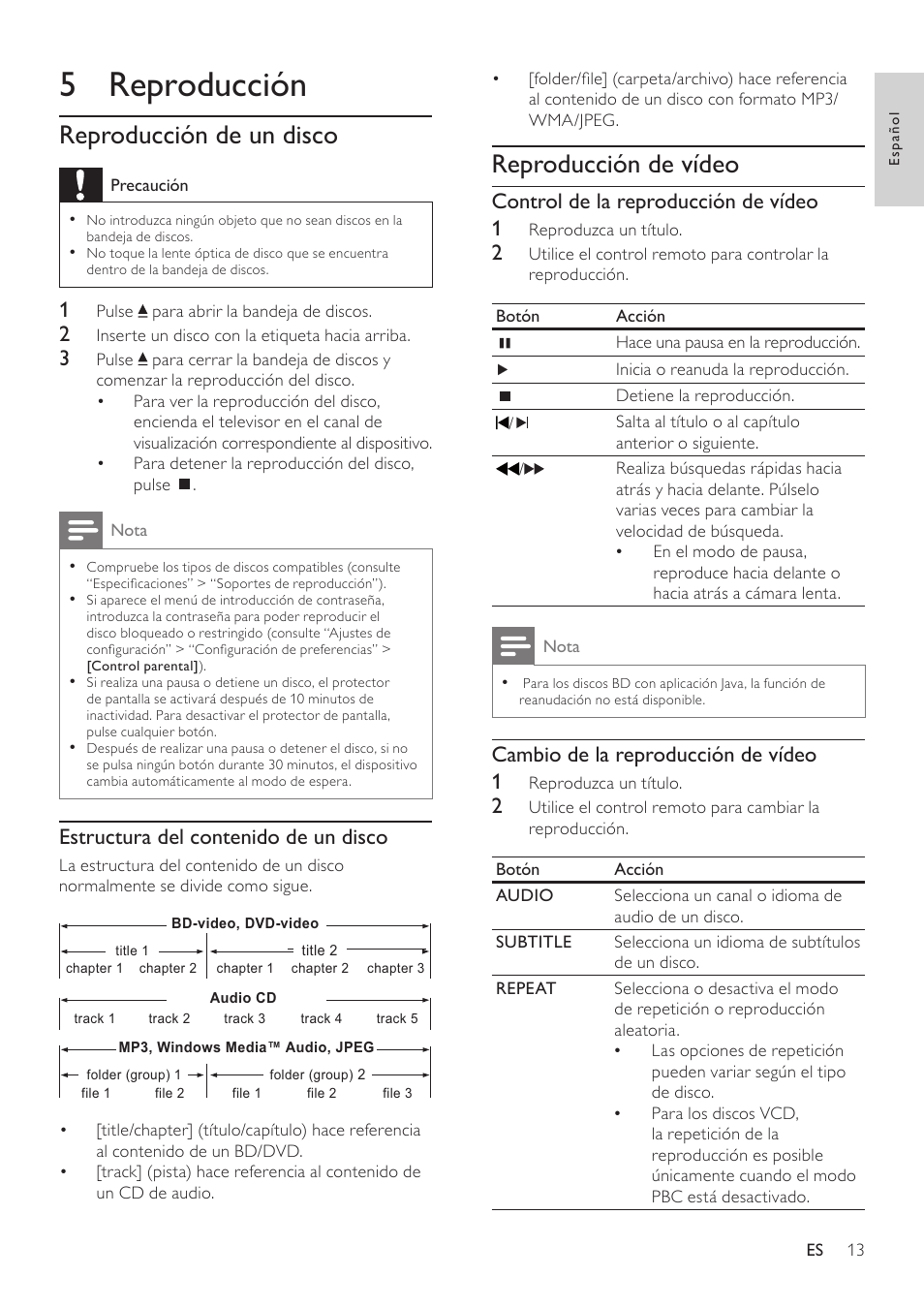 5 reproducción, Reproducción de un disco, Reproducción de vídeo | Philips Reproductor de Blu-ray Disc User Manual | Page 13 / 34