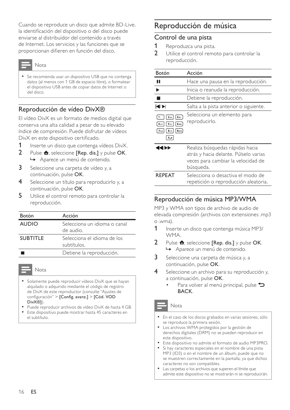 Reproducción de música | Philips Reproductor de Blu-ray Disc User Manual | Page 16 / 34