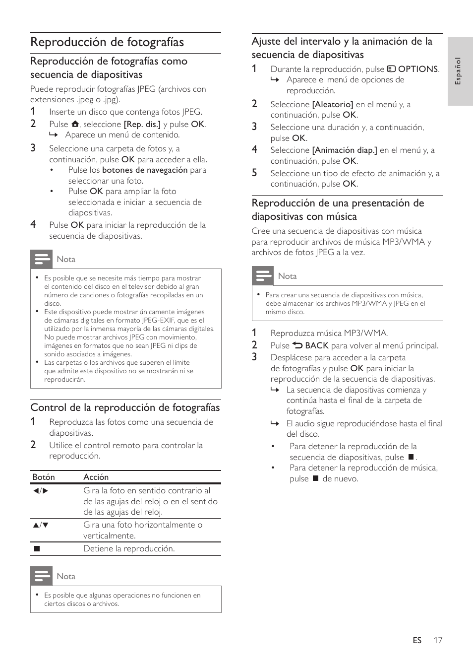 Reproducción de fotografías, Control de la reproducción de fotografías 1 | Philips Reproductor de Blu-ray Disc User Manual | Page 17 / 34