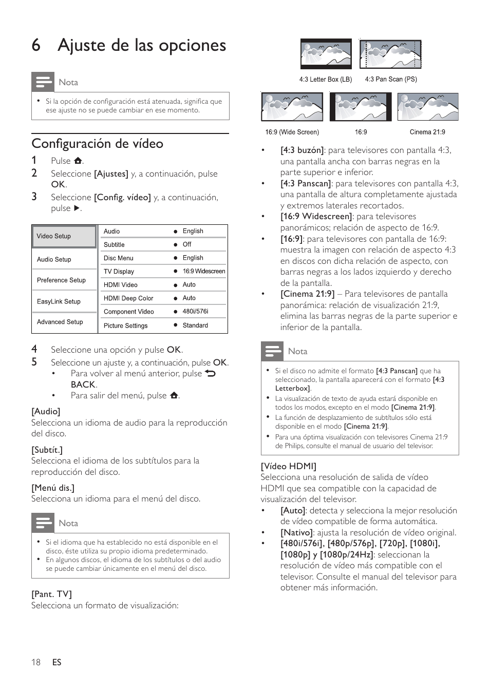 6 ajuste de las opciones, Configuración de vídeo | Philips Reproductor de Blu-ray Disc User Manual | Page 18 / 34