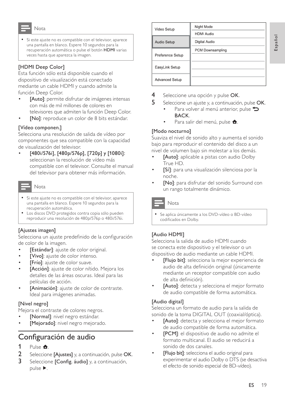 Configuración de audio | Philips Reproductor de Blu-ray Disc User Manual | Page 19 / 34