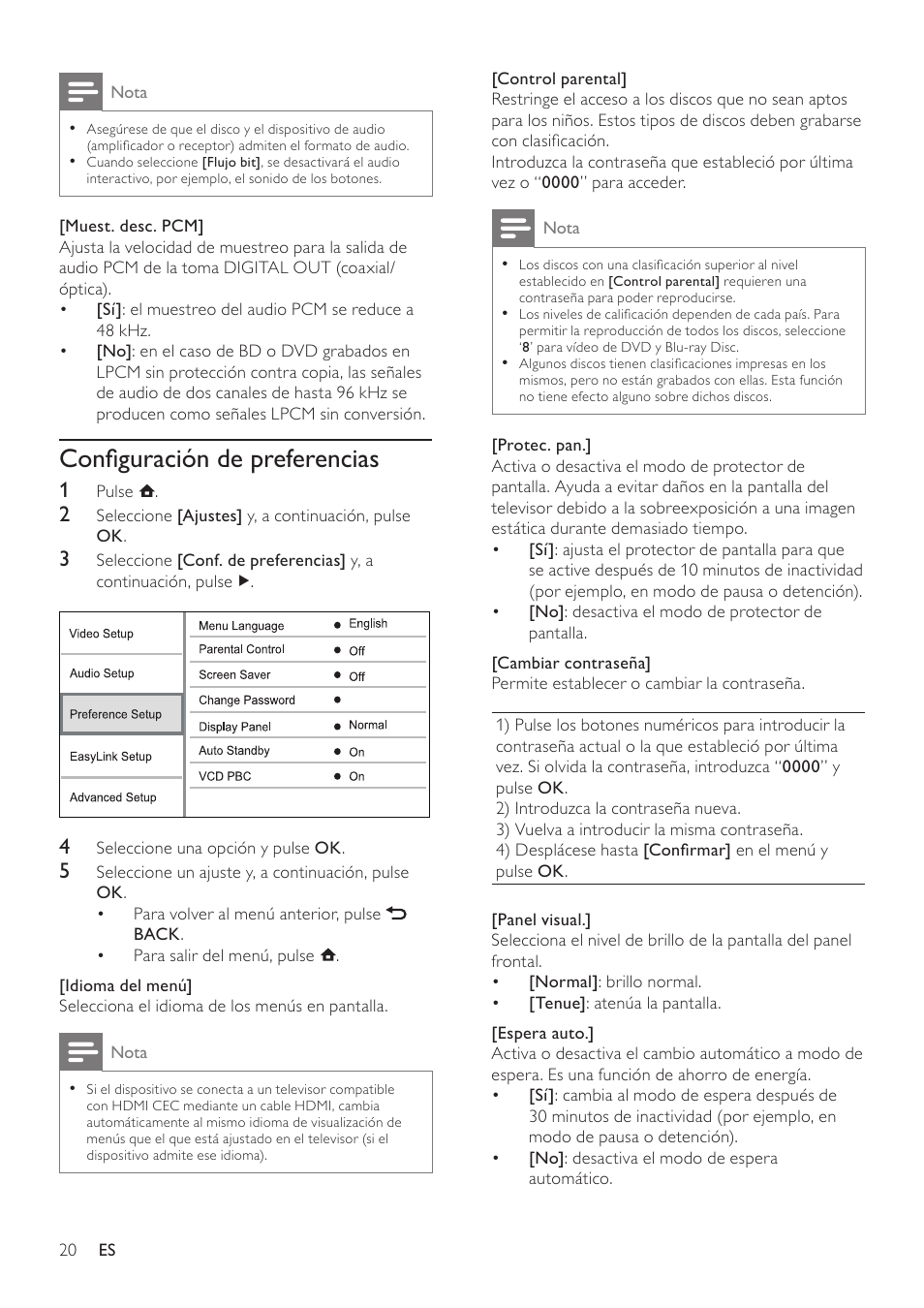 Configuración de preferencias | Philips Reproductor de Blu-ray Disc User Manual | Page 20 / 34