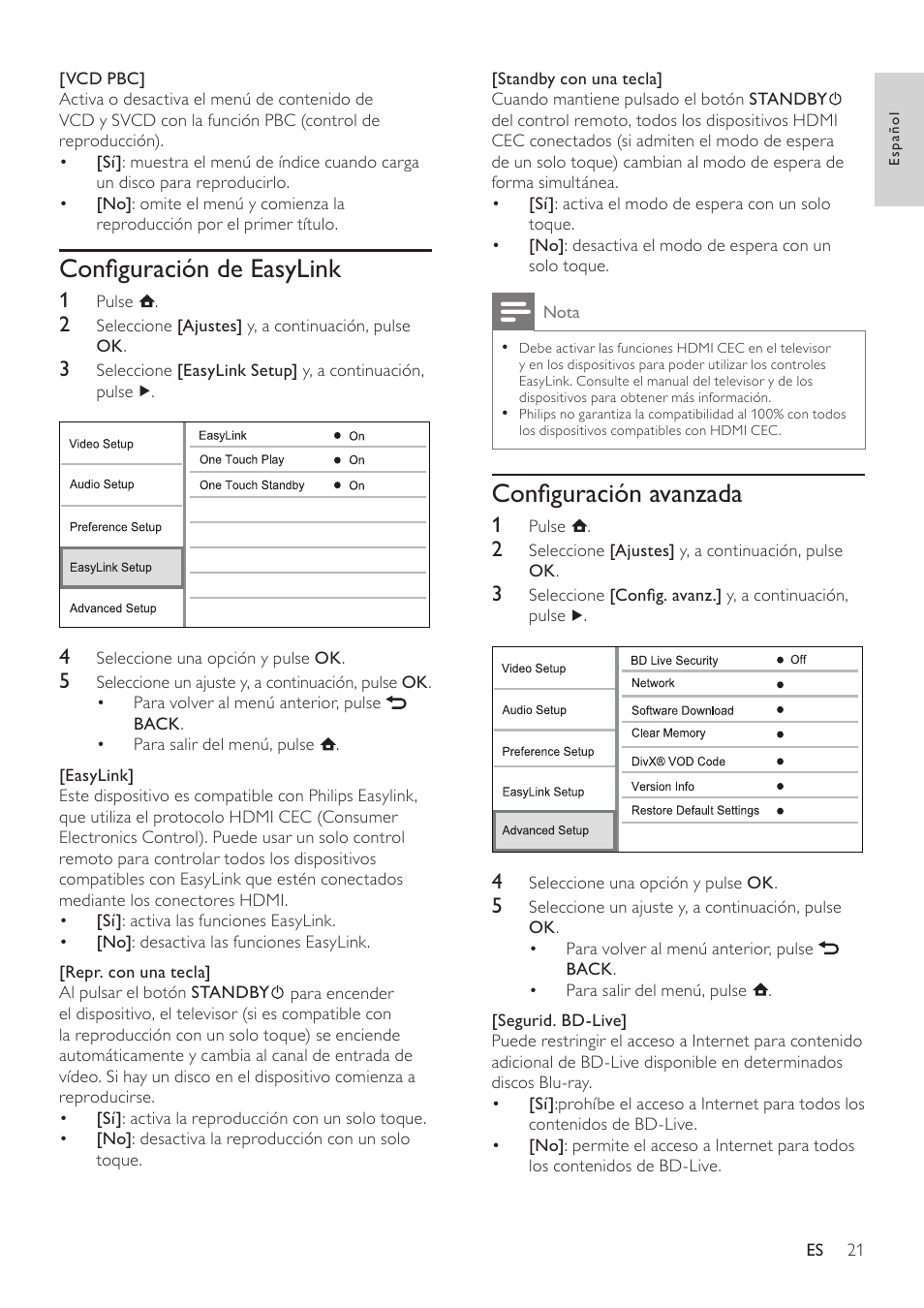 Configuración de easylink, Configuración avanzada | Philips Reproductor de Blu-ray Disc User Manual | Page 21 / 34