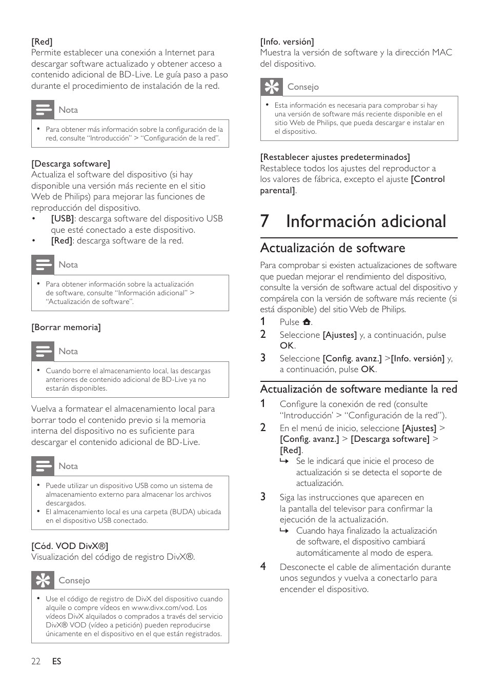 7 información adicional, Actualización de software, Actualización de software mediante la red 1 | Philips Reproductor de Blu-ray Disc User Manual | Page 22 / 34