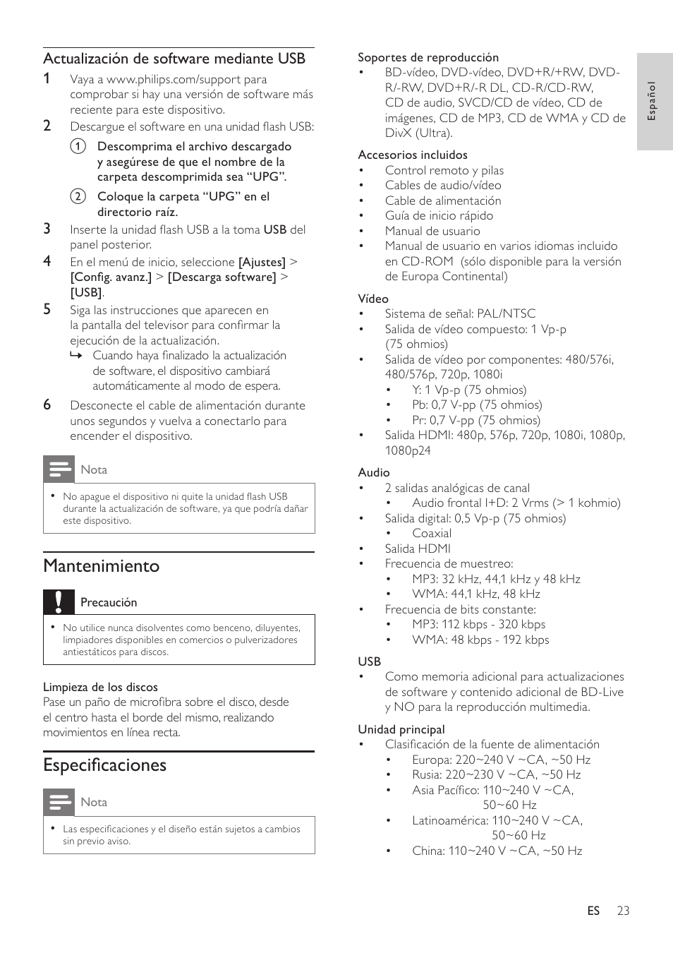 Mantenimiento, Especificaciones, Actualización de software mediante usb 1 | Philips Reproductor de Blu-ray Disc User Manual | Page 23 / 34