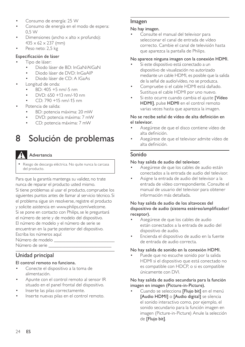 8 solución de problemas, Imagen, Sonido | Unidad principal | Philips Reproductor de Blu-ray Disc User Manual | Page 24 / 34