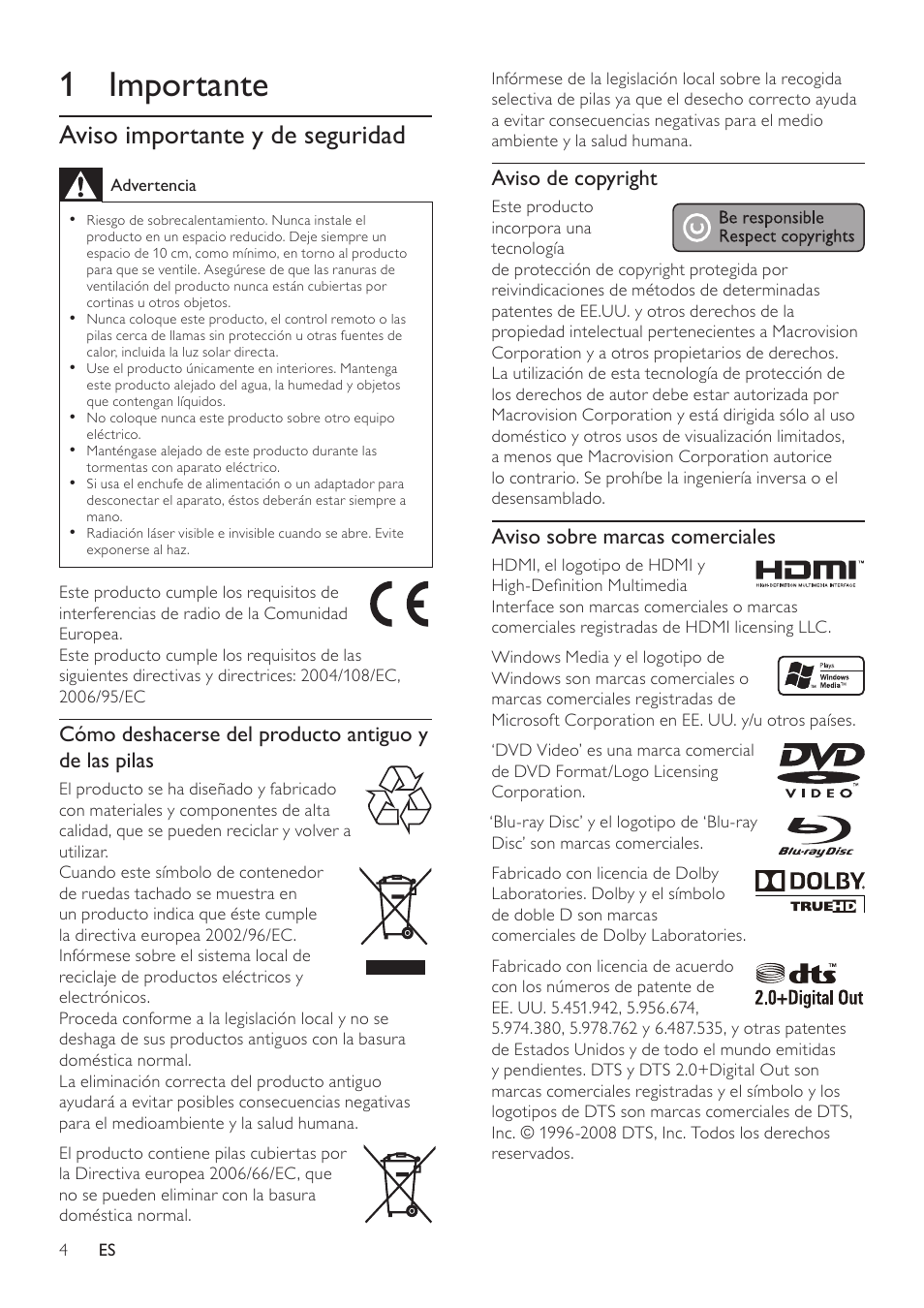 1 importante, Aviso importante y de seguridad, Aviso de copyright | Aviso sobre marcas comerciales | Philips Reproductor de Blu-ray Disc User Manual | Page 4 / 34