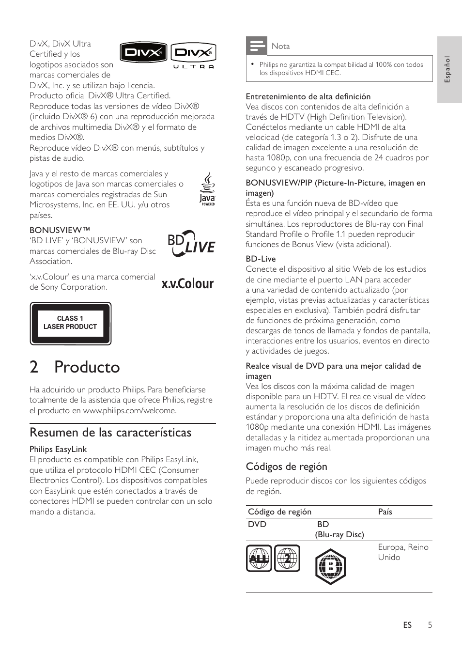 2 producto, Resumen de las características | Philips Reproductor de Blu-ray Disc User Manual | Page 5 / 34