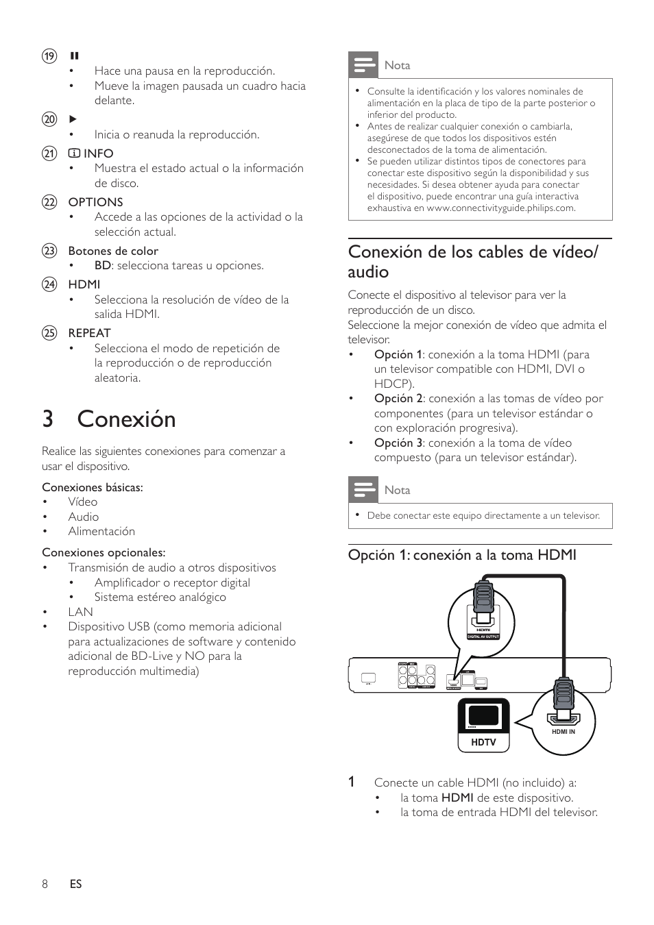 3 conexión, Conexión de los cables de vídeo/audio, Conexión de los cables de vídeo/ audio | Philips Reproductor de Blu-ray Disc User Manual | Page 8 / 34