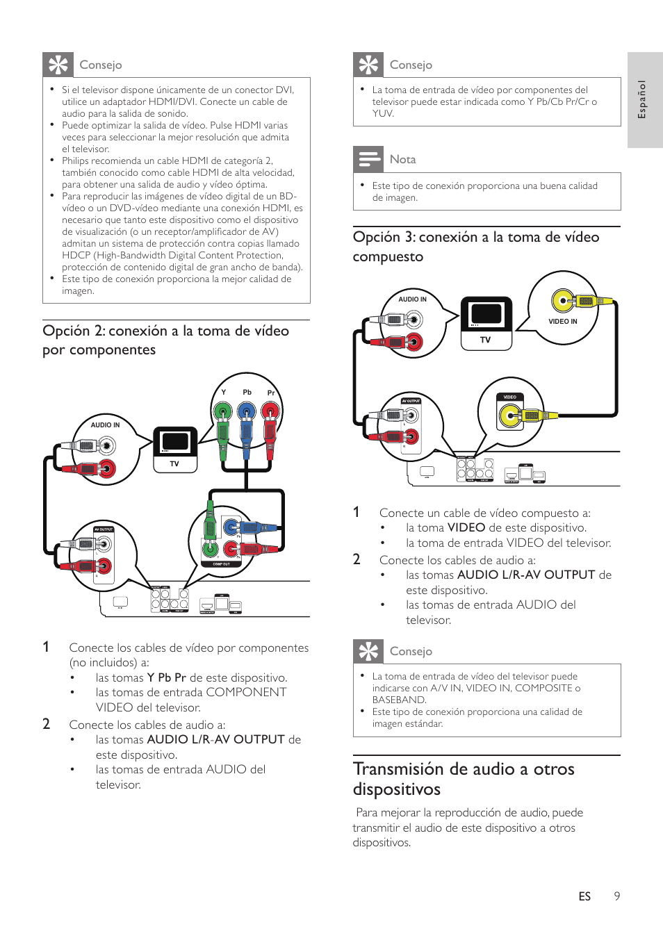 Transmisión de audio a otros dispositivos | Philips Reproductor de Blu-ray Disc User Manual | Page 9 / 34