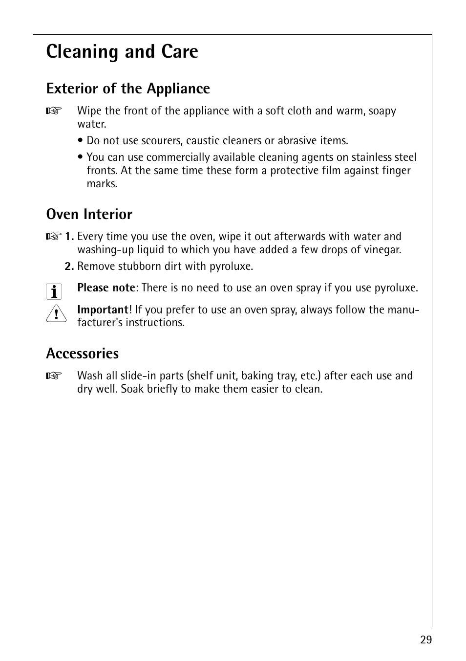 Cleaning and care, Exterior of the appliance, Oven interior | Accessories | AEG COMPETENCE B3040-1 User Manual | Page 29 / 44