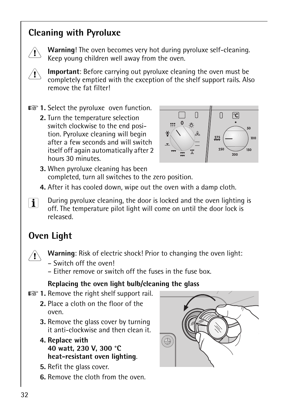 Cleaning with pyroluxe, Oven light | AEG COMPETENCE B3040-1 User Manual | Page 32 / 44