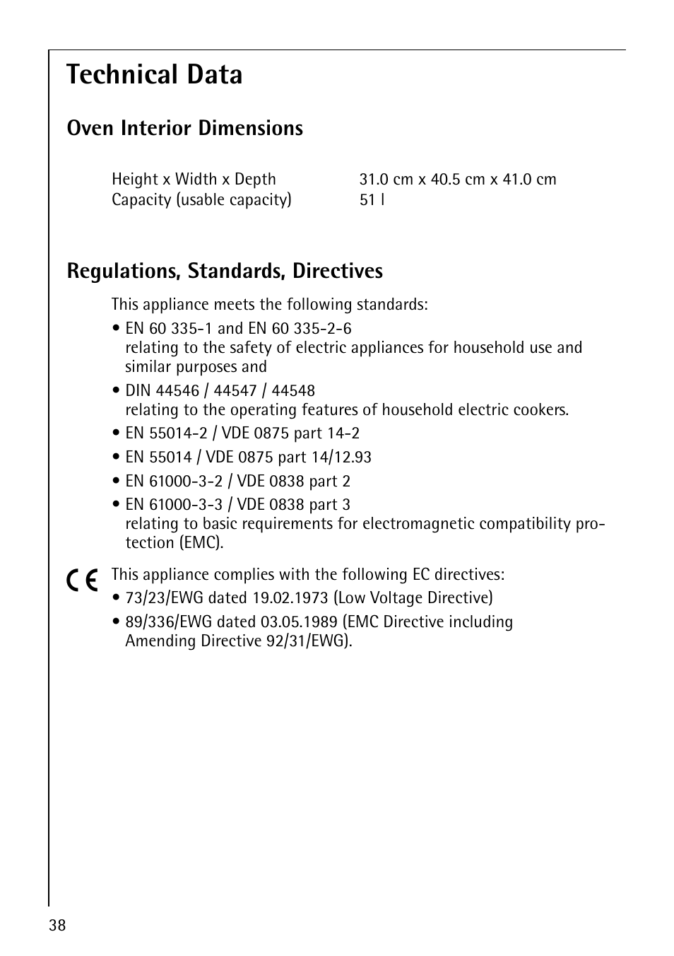 Technical data | AEG COMPETENCE B3040-1 User Manual | Page 38 / 44