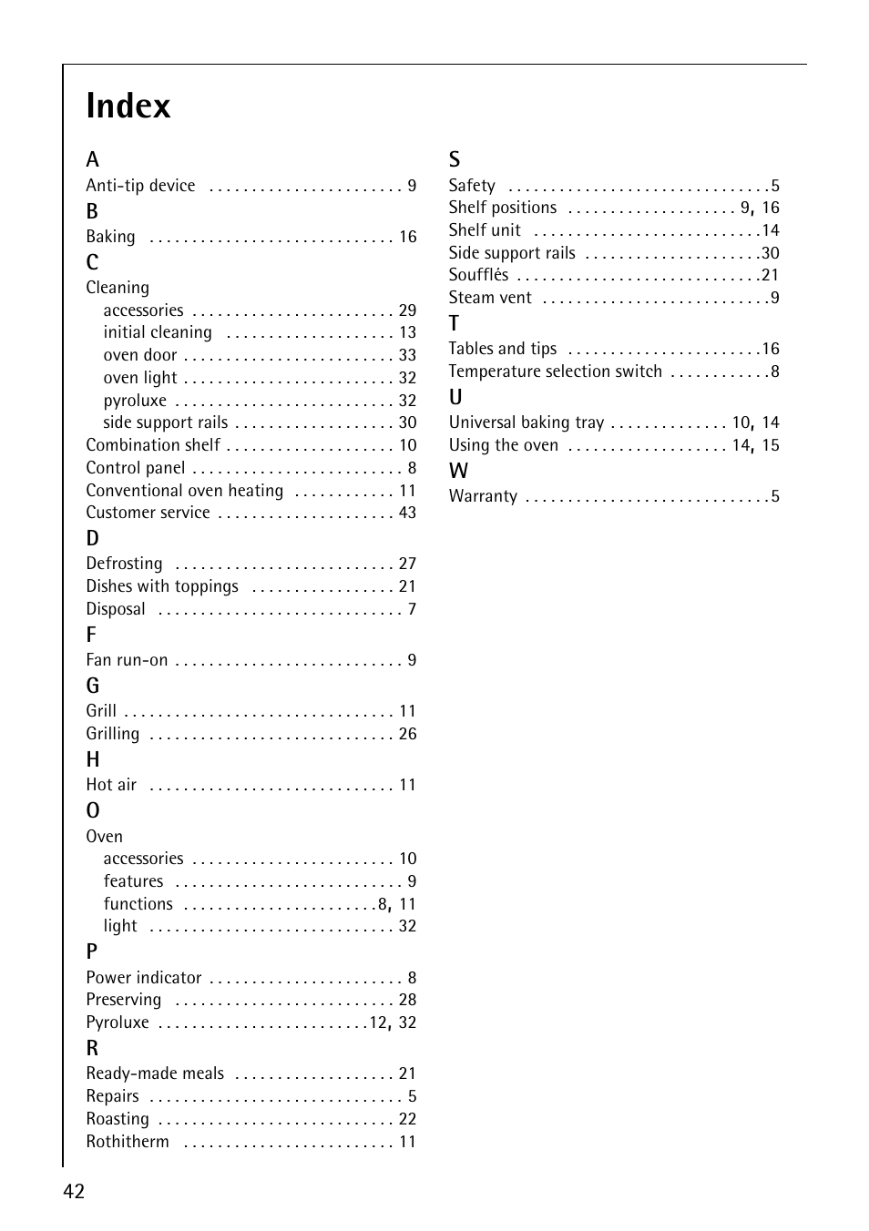 Index | AEG COMPETENCE B3040-1 User Manual | Page 42 / 44