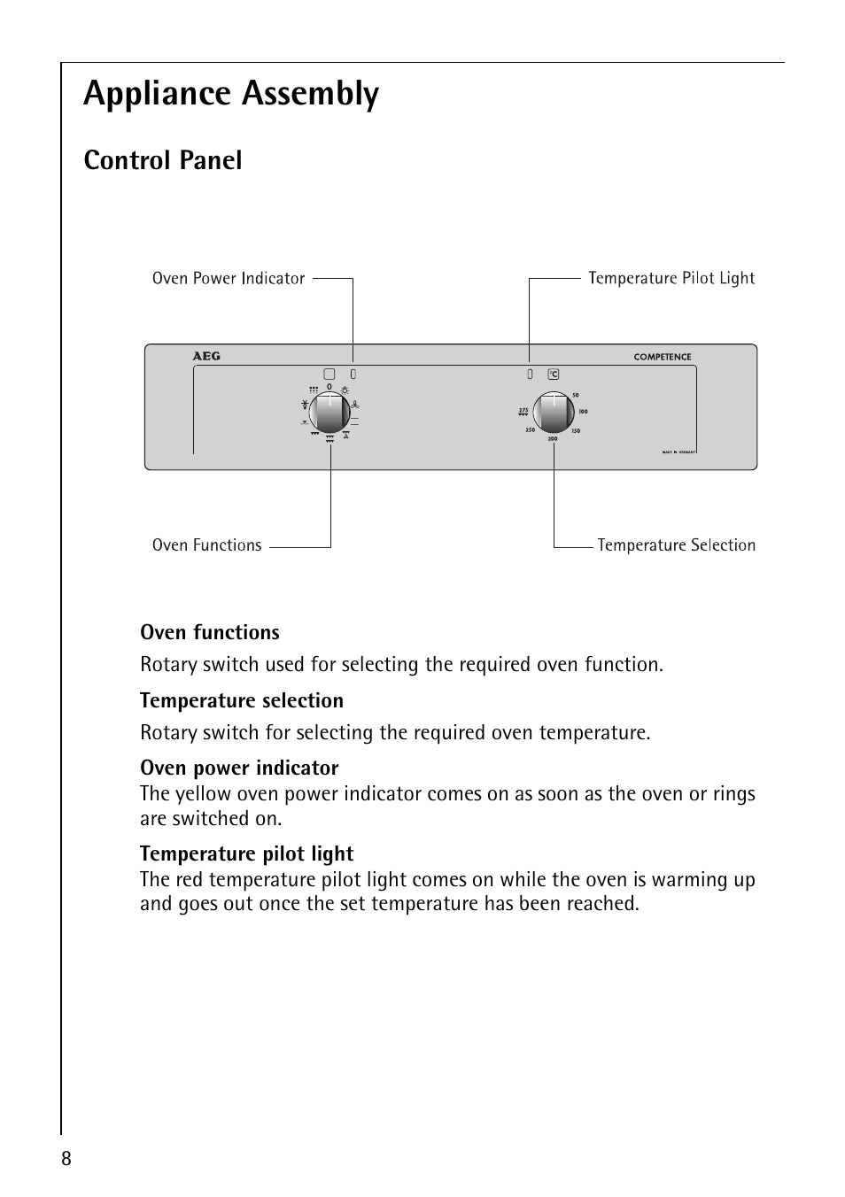 Appliance assembly, Control panel | AEG COMPETENCE B3040-1 User Manual | Page 8 / 44