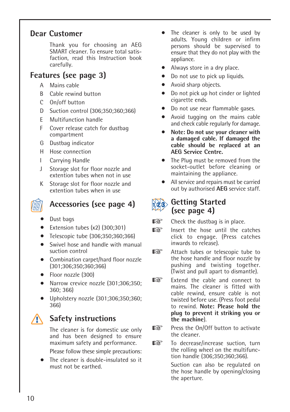 Dear customer, Features (see page 3), Accessories (see page 4) | Safety instructions, Getting started (see page 4) | AEG SMART 306 User Manual | Page 6 / 9