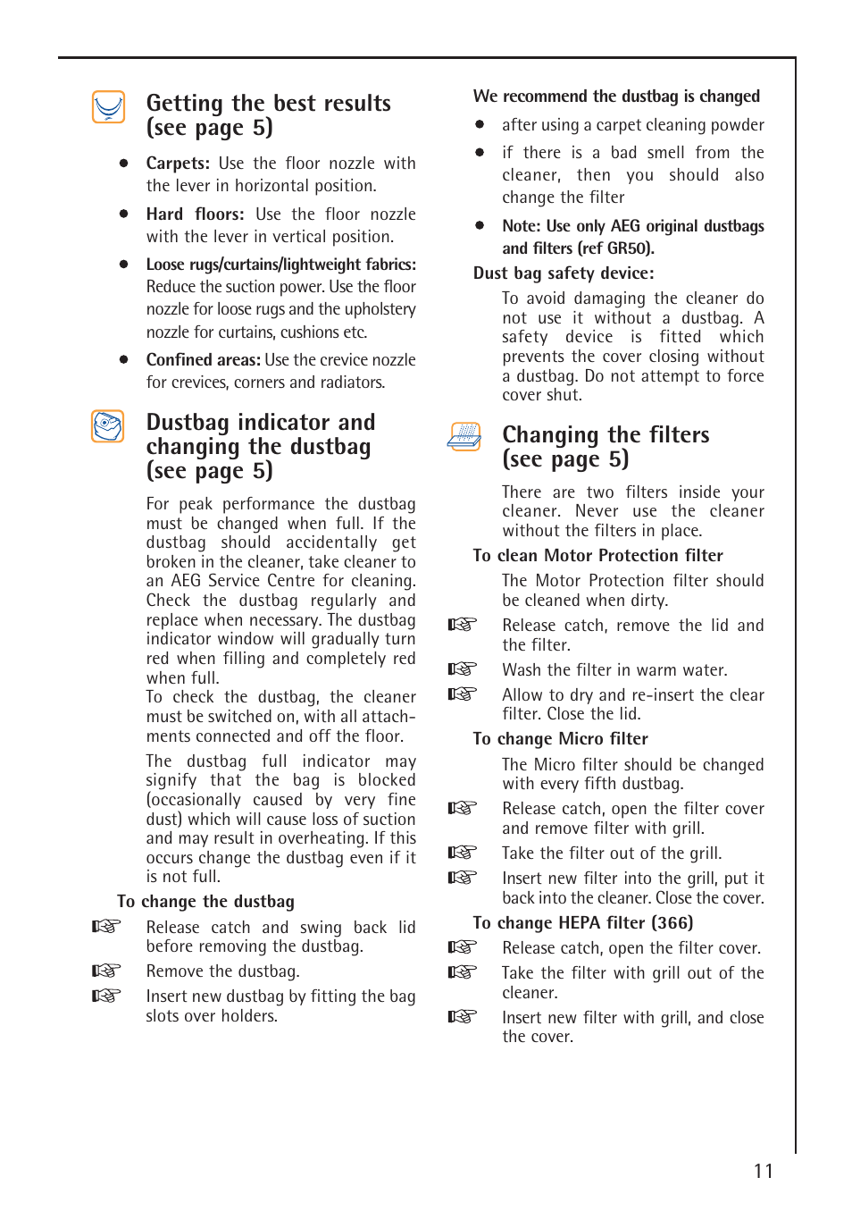 Getting the best results (see page 5), Changing the filters (see page 5) | AEG SMART 306 User Manual | Page 7 / 9