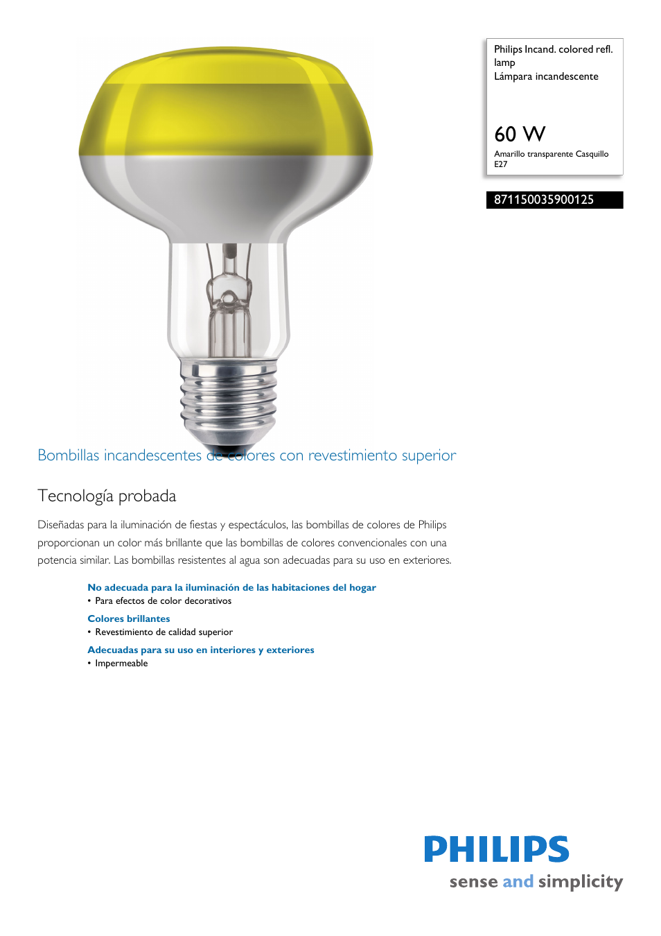 Philips Incand. colored refl. lamp Lámpara incandescente User Manual | 2 pages