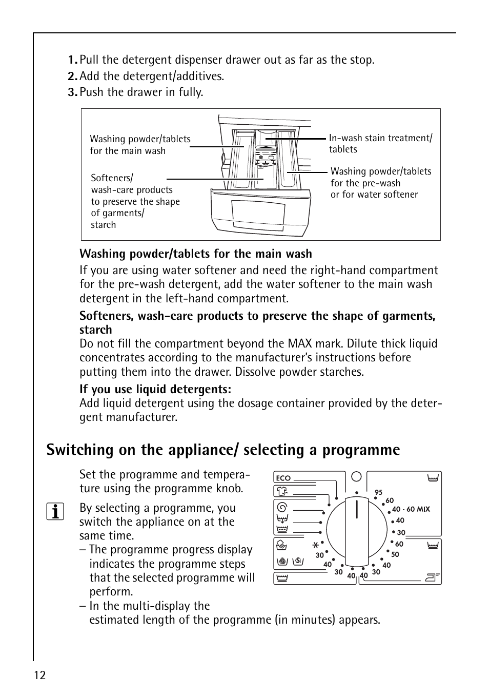 Switching on the appliance/ selecting a programme | AEG LAVAMAT 74610 User Manual | Page 12 / 36