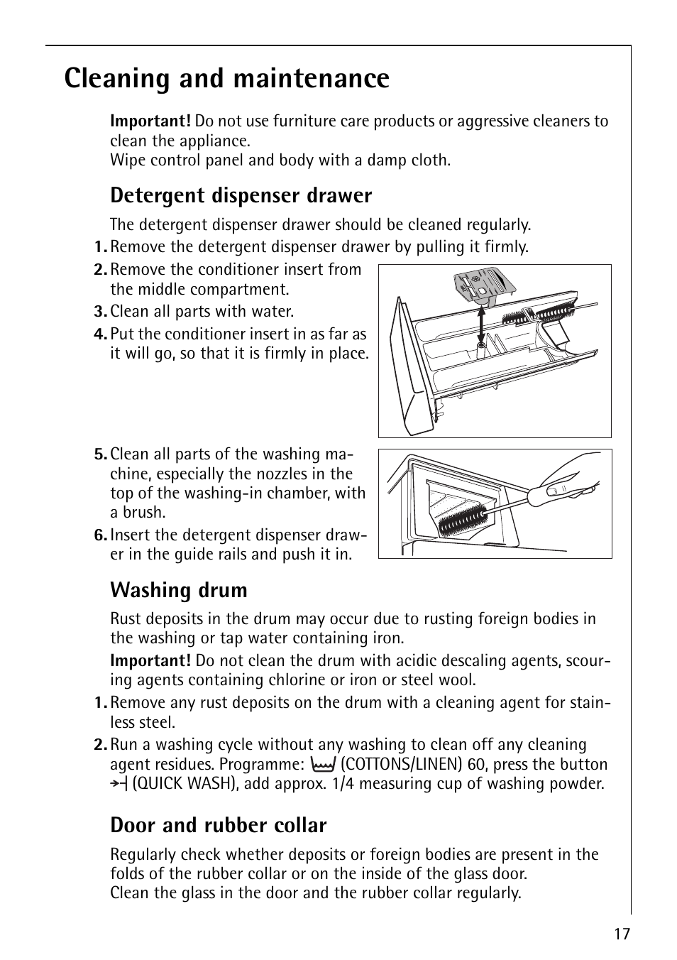 Cleaning and maintenance, Detergent dispenser drawer, Washing drum | Door and rubber collar | AEG LAVAMAT 74610 User Manual | Page 17 / 36