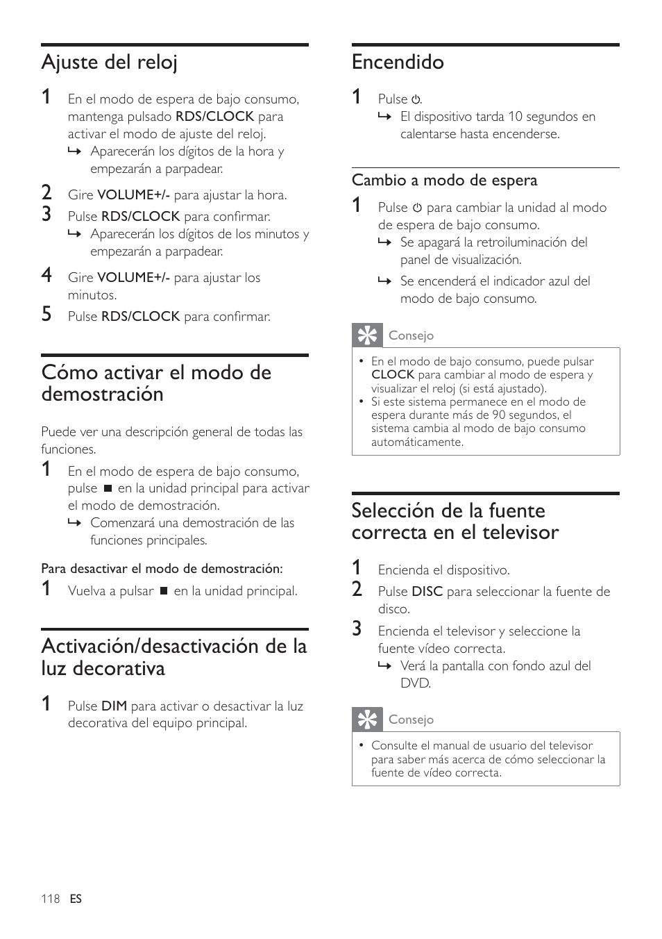 Encendido 1, Selección de la fuente correcta en el televisor 1, Ajuste del reloj 1 | Cómo activar el modo de demostración, Activación/desactivación de la luz decorativa 1 | Philips Heritage Audio Sistema Hi-Fi con componentes DVD User Manual | Page 17 / 36