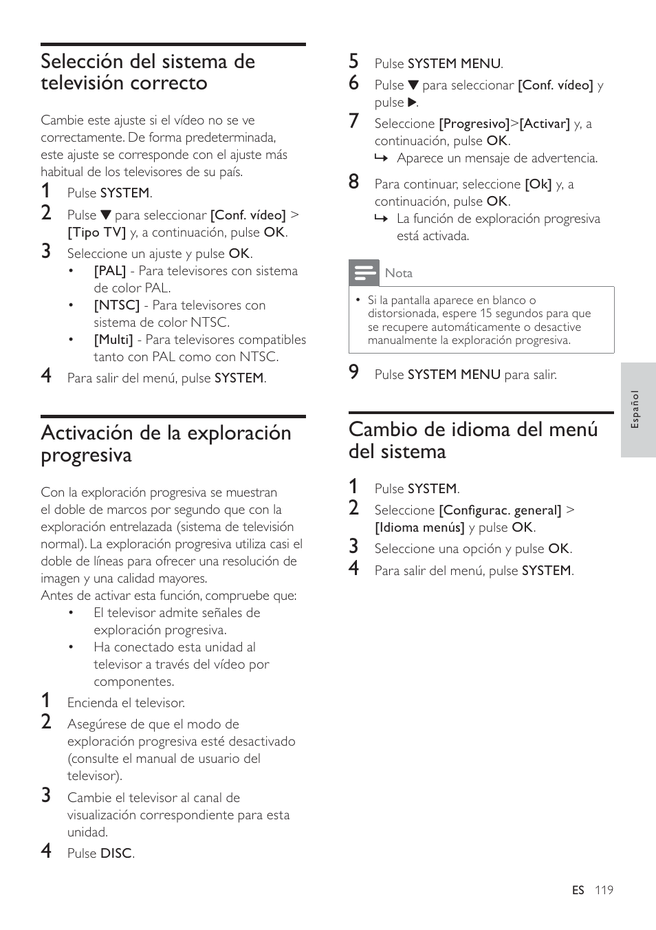 Cambio de idioma del menú del sistema 1, Selección del sistema de televisión correcto, Activación de la exploración progresiva | Philips Heritage Audio Sistema Hi-Fi con componentes DVD User Manual | Page 18 / 36