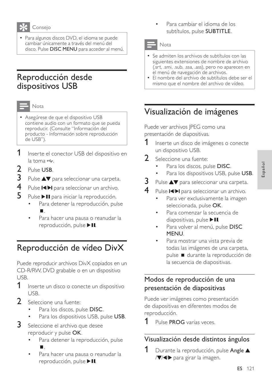 Visualización de imágenes, Reproducción desde dispositivos usb, Reproducción de vídeo divx | Philips Heritage Audio Sistema Hi-Fi con componentes DVD User Manual | Page 20 / 36