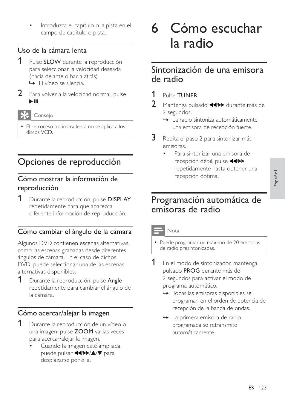 6 cómo escuchar la radio, Sintonización de una emisora de radio 1, Programación automática de emisoras de radio | Opciones de reproducción | Philips Heritage Audio Sistema Hi-Fi con componentes DVD User Manual | Page 22 / 36