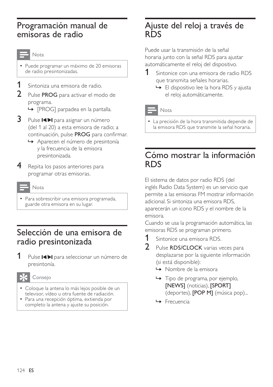 Ajuste del reloj a través de rds, Cómo mostrar la información rds, Programación manual de emisoras de radio | Selección de una emisora de radio presintonizada 1 | Philips Heritage Audio Sistema Hi-Fi con componentes DVD User Manual | Page 23 / 36