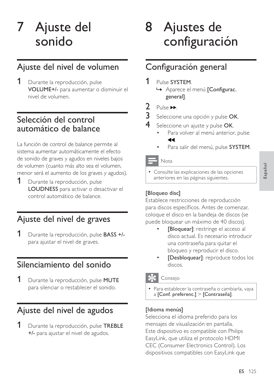 8 ajustes de configuración, 7 ajuste del sonido, Configuración general 1 | Ajuste del nivel de volumen 1, Selección del control automático de balance, Ajuste del nivel de graves 1, Silenciamiento del sonido 1, Ajuste del nivel de agudos 1 | Philips Heritage Audio Sistema Hi-Fi con componentes DVD User Manual | Page 24 / 36