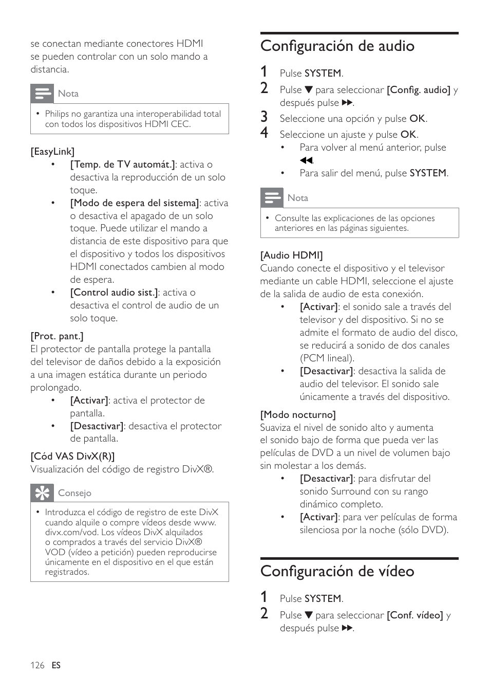Conﬁguración de audio 1, Conﬁguración de vídeo 1 | Philips Heritage Audio Sistema Hi-Fi con componentes DVD User Manual | Page 25 / 36