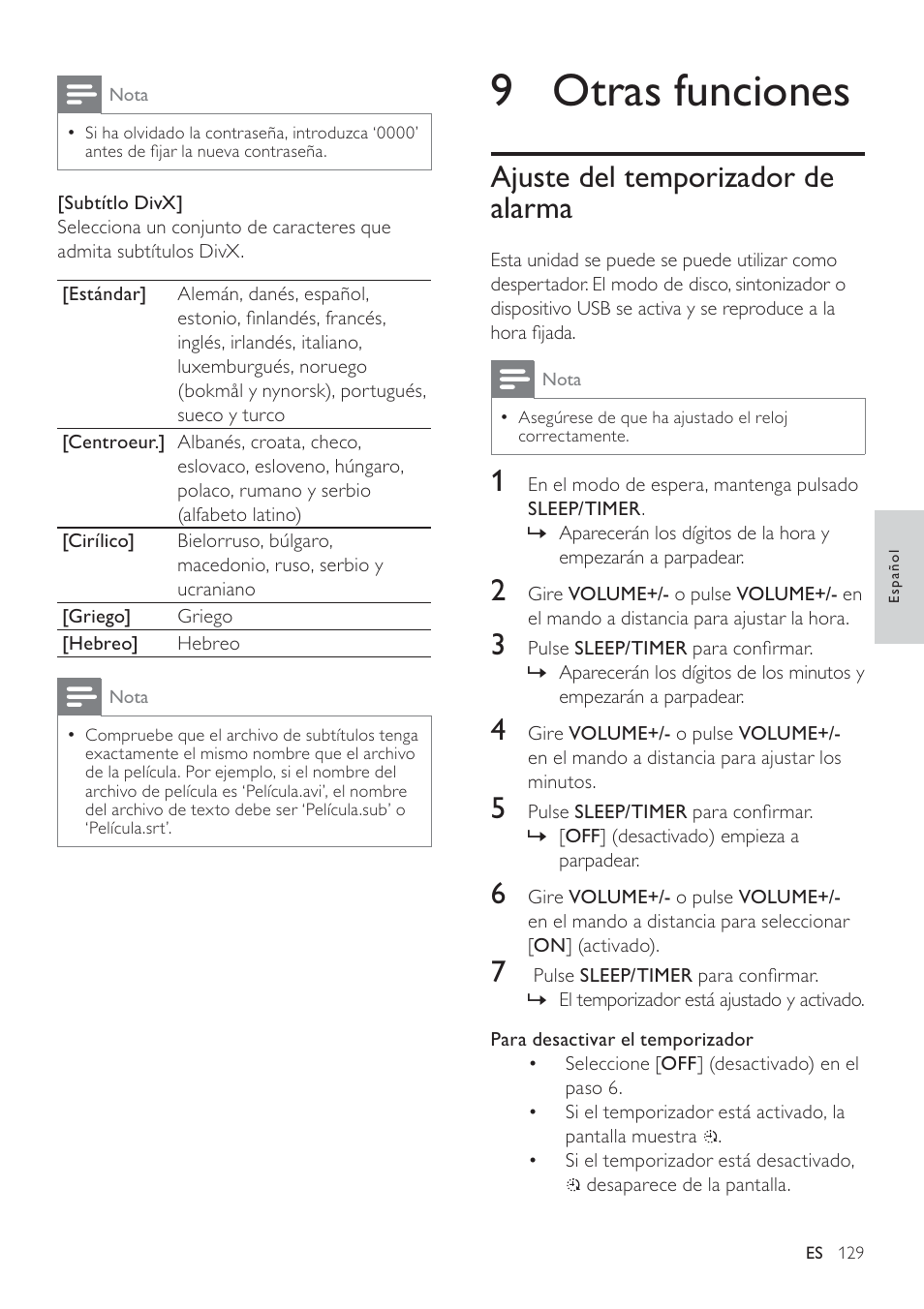 9 otras funciones, Ajuste del temporizador de alarma | Philips Heritage Audio Sistema Hi-Fi con componentes DVD User Manual | Page 28 / 36