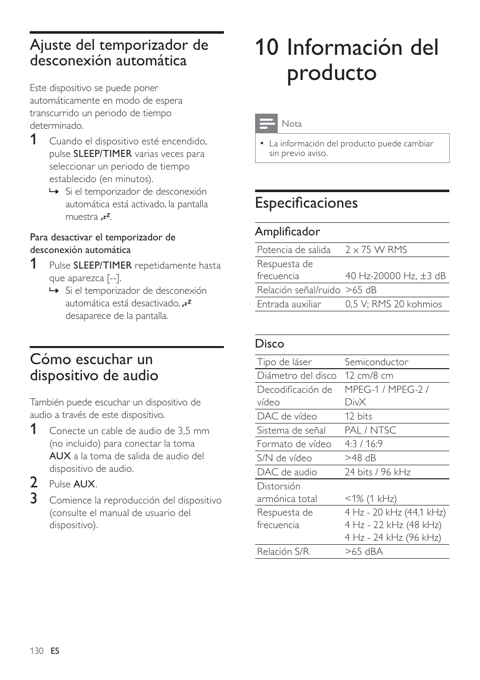 10 información del producto, Especiﬁcaciones, Ajuste del temporizador de desconexión automática | Cómo escuchar un dispositivo de audio | Philips Heritage Audio Sistema Hi-Fi con componentes DVD User Manual | Page 29 / 36