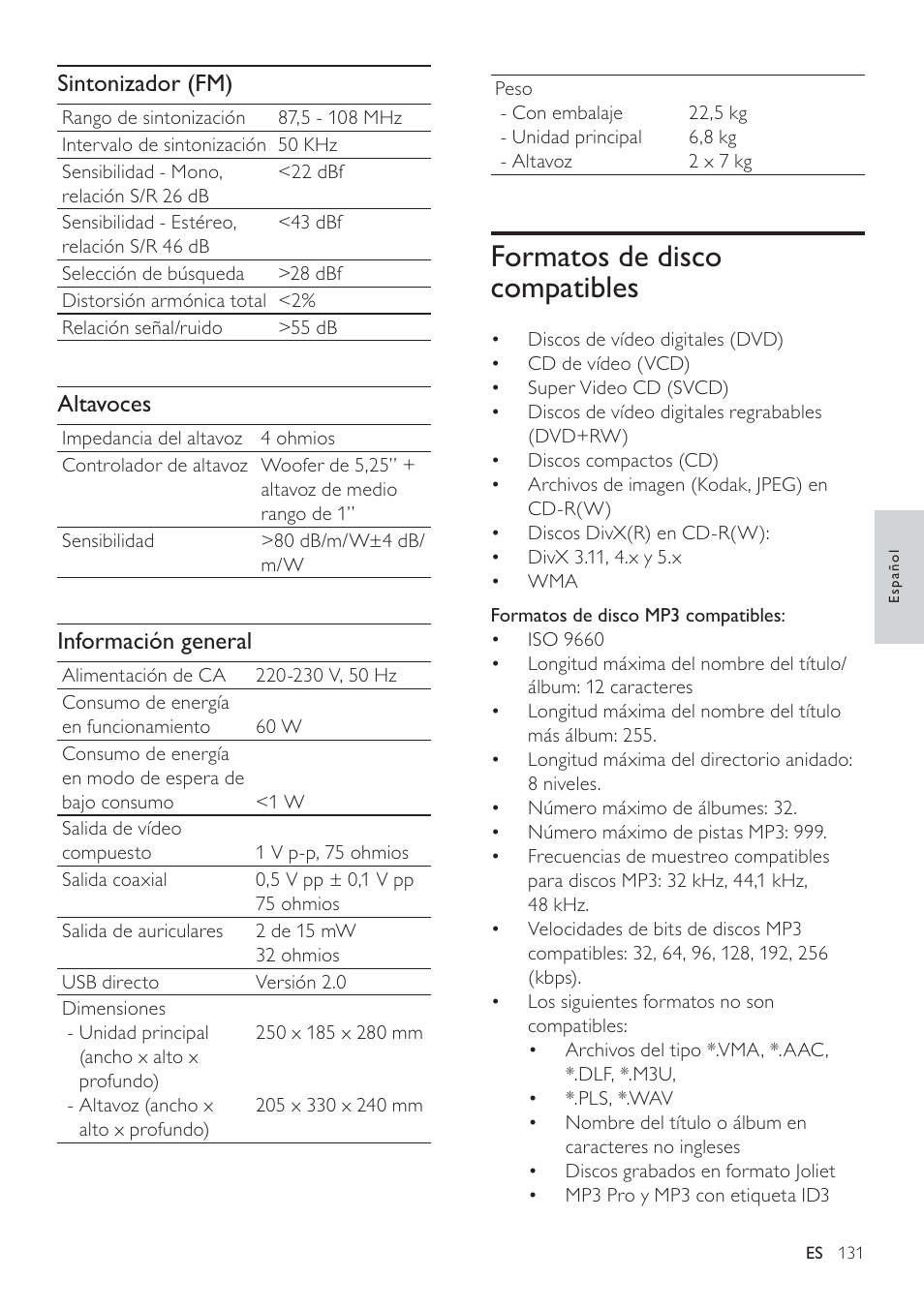 Formatos de disco compatibles, Sintonizador (fm), Altavoces | Información general | Philips Heritage Audio Sistema Hi-Fi con componentes DVD User Manual | Page 30 / 36