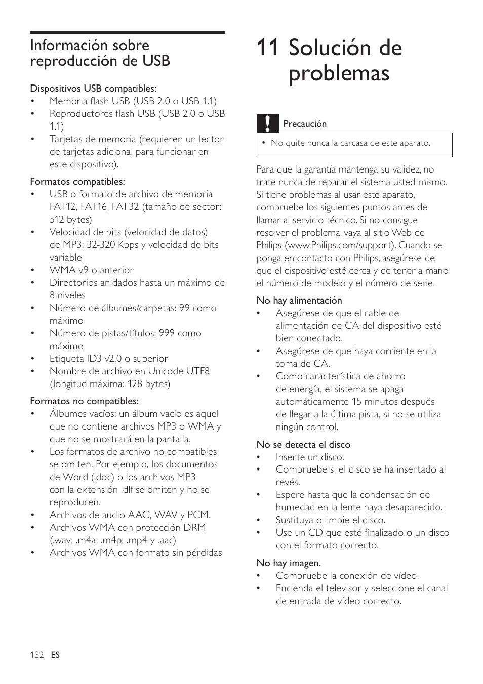 11 solución de problemas, Información sobre reproducción de usb | Philips Heritage Audio Sistema Hi-Fi con componentes DVD User Manual | Page 31 / 36