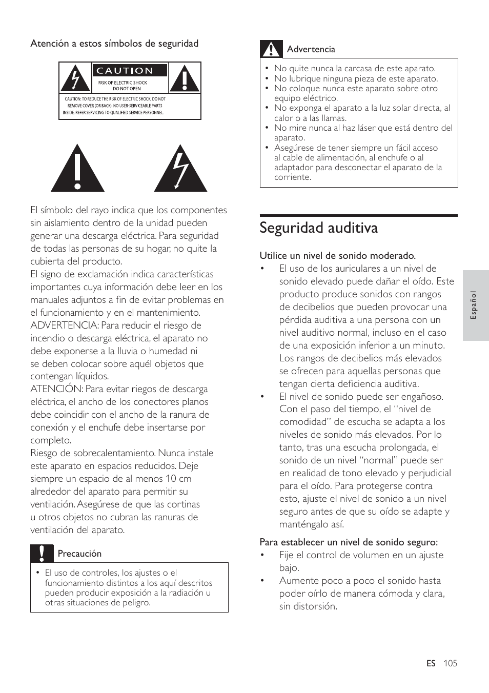 Seguridad auditiva | Philips Heritage Audio Sistema Hi-Fi con componentes DVD User Manual | Page 4 / 36
